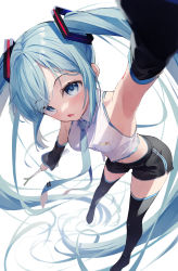 Rule 34 | 1girl, 200f (nifu), absurdly long hair, absurdres, adapted costume, aqua eyes, aqua hair, aqua necktie, arm tattoo, arm up, armpits, bare shoulders, black footwear, black shorts, black sleeves, black thighhighs, boots, breasts, collared shirt, crop top, detached sleeves, food, full body, hatsune miku, highres, holding, holding food, holding spring onion, holding vegetable, invisible floor, lace-trimmed shorts, lace trim, leaning to the side, long hair, long sleeves, medium breasts, midriff, navel, necktie, open mouth, outstretched arm, perspective, selfie, shirt, short shorts, shorts, sidelocks, simple background, sleeveless, sleeveless shirt, solo, spring onion, swept bangs, tattoo, thigh boots, thighhighs, twintails, vegetable, very long hair, vocaloid, white background, white shirt, zettai ryouiki