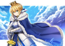 Rule 34 | 1girl, ahoge, armor, armored dress, artoria pendragon (all), artoria pendragon (fate), blonde hair, blue sky, caliburn (fate), cape, closed mouth, cloud, cloudy sky, cowboy shot, crown, day, excalibur (fate/stay night), fate/stay night, fate (series), fur trim, gauntlets, green eyes, hair ribbon, hiroki (hirokiart), holding, holding sword, holding weapon, looking at viewer, ribbon, saber (fate), short hair, sky, smile, solo, sword, weapon