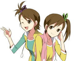 Rule 34 | 10s, 2girls, blue shirt, breasts, brown eyes, brown hair, collarbone, dorei k, futami ami, futami mami, green ribbon, hair ribbon, hand up, idolmaster, idolmaster (classic), idolmaster 2, long hair, long sleeves, looking to the side, multiple girls, one eye closed, open mouth, ponytail, purple ribbon, ribbon, shirt, short hair, siblings, side ponytail, simple background, sisters, smile, twins, upper body, vest, white background, wink, yellow shirt