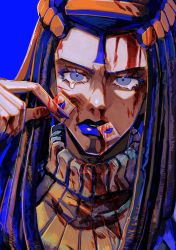 Rule 34 | 1girl, absurdres, black hair, blood, blood on clothes, blood on face, blue eyes, blue lips, crying, crying with eyes open, dreadlocks, ermes costello, facial mark, hair ornament, hand on own cheek, hand on own face, highres, jojo no kimyou na bouken, kiss (stand), long hair, looking at viewer, nail polish, natchan blue (nanairopenki), nosebleed, open mouth, solo, sticker, stone ocean, sweater, tears, turtleneck