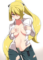 Rule 34 | 1girl, alternate costume, bad id, bad pixiv id, belt, blonde hair, breast lift, breasts, collarbone, commentary request, covering breasts, covering privates, cowboy shot, creatures (company), cynthia (pokemon), denim, dress shirt, game freak, grey eyes, groin, hair over one eye, hands on own chest, hands up, high ponytail, jeans, large breasts, long hair, long sleeves, looking at viewer, mituyota 76, navel, nintendo, no bra, open belt, open clothes, open fly, open pants, open shirt, pants, parted lips, pokemon, pokemon dppt, shirt, solo, stomach, swept bangs, torn clothes, torn pants, torn shirt, unbuckled, unzipped, very long hair, white shirt