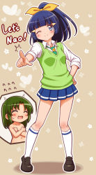Rule 34 | 2girls, ;), aoki reika, blue eyes, blue hair, blush, cardigan, cosplay, costume switch, covering privates, covering breasts, english text, eyelashes, closed eyes, flying sweatdrops, green hair, green sweater vest, hair ornament, hair ribbon, hairclip, happy, inset, kneehighs, kuga yoshito, loafers, long hair, looking at viewer, midorikawa nao, midorikawa nao (cosplay), multiple girls, navel, necktie, nude, one eye closed, pointing, pointing at viewer, ponytail, precure, ribbon, shirt, shoes, skirt, sleeves rolled up, smile, smile precure!, socks, sweater vest, white legwear, wink