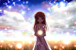 Rule 34 | 00s, 1girl, bad id, bare shoulders, brown eyes, brown hair, chocolat., clannad, cloud, dress, girl from the illusionary world, grass, holding, long hair, looking at viewer, open mouth, sky, smile, solo, sparkle, white dress