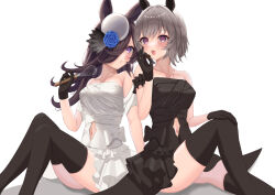 Rule 34 | 2girls, :o, absurdres, bare shoulders, black dress, black gloves, black hair, black thighhighs, blue flower, blue rose, bob cut, bow, clothing cutout, commentary, curren chan (umamusume), dress, dress bow, ear covers, feet out of frame, flower, frilled dress, frills, gloves, grey hair, hair flower, hair ornament, hair over one eye, hand on own knee, highres, holding, holding whisk, horse girl, knee up, knees up, legs, long hair, looking at viewer, matching outfits, multiple girls, navel cutout, open mouth, parted lips, purple eyes, rice shower (umamusume), rose, shadow, short hair, side-by-side, simple background, sitting, strapless, strapless dress, taiyaki yaita, thighhighs, tilted headwear, umamusume, whisk, white background, white dress, white headwear