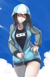 Rule 34 | 10s, 1girl, ;), artist name, blue hat, blue sky, breasts, brown eyes, brown hair, character name, cloud, collarbone, cowboy shot, day, girls und panzer, hair between eyes, hand on own hip, hat, highres, jacket, jikeshi, long hair, long sleeves, looking at viewer, medium breasts, mika (girls und panzer), name tag, one-piece swimsuit, one eye closed, school swimsuit, signature, sky, smile, solo, swimsuit, swimsuit under clothes, track jacket, unzipped, unzipping, wind, zipper