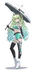 Rule 34 | 1girl, absurdres, bare shoulders, belt, black belt, black bow, black gloves, black hairband, black thighhighs, boots, bow, choker, company name, copyright name, elbow gloves, full body, gloves, green choker, green nails, green skirt, grey hair, hair bow, hairband, high heels, highres, holding, holding umbrella, honkai (series), honkai impact 3rd, kabuto tong, leg tattoo, looking at viewer, miniskirt, mobius (honkai impact), navel, open mouth, partially fingerless gloves, pink eyes, race queen, simple background, skirt, sleeveless, slit pupils, smile, solo, stomach, tattoo, thighhighs, twintails, umbrella, white background, white footwear, white skirt