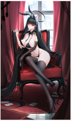 Rule 34 | 1girl, absurdres, alternate costume, animal ears, armpit crease, between breasts, black bra, black cape, black collar, black footwear, black gloves, black hair, black hairband, black necktie, black panties, black thighhighs, blue archive, blunt bangs, blush, bra, breasts, bright pupils, cape, card, christian louboutin (brand), collar, collarbone, commentary, crossed legs, curtains, detached collar, dot nose, elbow gloves, fake animal ears, full body, g-string, gloves, hair ornament, hairband, hairclip, halo, high heels, highleg, highleg panties, highres, holding, holding card, holding strap, indoors, lace, lace panties, large breasts, leotard, long hair, looking at viewer, louboutins, malon (chuan2700), navel, necktie, necktie between breasts, nontraditional playboy bunny, panties, parted lips, patent heels, playboy bunny, playing card, pumps, rabbit ears, red eyes, red soles, rio (blue archive), shoes, sidelocks, single glove, sitting, skindentation, solo, stiletto heels, strap lift, thighhighs, thong, underwear, very long hair