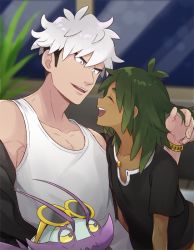 Rule 34 | 2boys, black hair, black hoodie, black shirt, closed eyes, collarbone, commentary request, creatures (company), game freak, gen 7 pokemon, green hair, grey hair, guzma (pokemon), hand up, hau (pokemon), hood, hoodie, looking at another, male focus, multicolored hair, multiple boys, nintendo, off shoulder, open mouth, pokemon, pokemon (creature), pokemon sm, sewenan, shirt, short sleeves, smile, tank top, teeth, tongue, two-tone hair, watch, wimpod, wristwatch