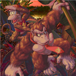 Rule 34 | ape, brown eyes, diddy kong, donkey kong, donkey kong (series), donkey kong country, masabowser, monkey, nature, necktie, nintendo, no humans, sky, tree