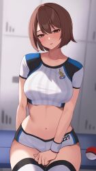 Rule 34 | 1girl, absurdres, black shorts, blurry, blurry background, breasts, brown eyes, brown hair, collarbone, commentary, creatures (company), cropped shirt, game freak, gloria (pokemon), hair between eyes, highres, indoors, locker, locker room, looking at viewer, medium breasts, navel, nintendo, number print, parted lips, poke ball, poke ball (basic), pokemon, pokemon swsh, short shorts, short sleeves, shorts, sitting, solo, sweatdrop, thighhighs, thighs, wabimochi, white shorts, wristband