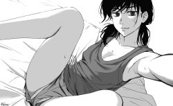 1girl absurdres breasts chainsaw_man cleavage closed_mouth greyscale highres light_smile loungewear low_twintails matomo medium_breasts mitaka_asa monochrome outstretched_arm selfie shorts solo spread_legs sweat tank_top twintails