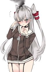 Rule 34 | 1girl, amatsukaze (kancolle), black dress, blush, breasts, chigasaki yukari, closed mouth, commentary request, crying, dress, flying sweatdrops, garter straps, grey hair, hair between eyes, hair tubes, highres, kantai collection, long hair, long sleeves, orange eyes, sailor collar, sailor dress, simple background, small breasts, smoke, solo, tears, trembling, two side up, very long hair, white background, white sailor collar