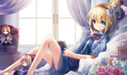 Rule 34 | 4girls, :d, alice margatroid, bad id, bad pixiv id, barefoot, bed, blonde hair, book, bow, curtains, closed eyes, female focus, flower, flower pot, hair bow, hairband, highres, looking at viewer, multiple girls, open mouth, shanghai doll, short hair, sitting, smile, tecoyuke, touhou