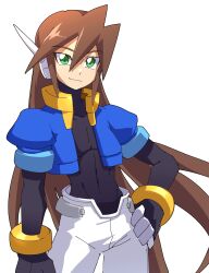 Rule 34 | 1boy, absurdres, black bodysuit, blue jacket, bodysuit, bodysuit under clothes, brown hair, covered navel, cowboy shot, cropped jacket, green eyes, hand on own hip, highres, jacket, long hair, mega man (series), mega man zx, mega man zx advent, omeehayo, open clothes, open jacket, pants, robot ears, simple background, smile, solo, vent (mega man), white background, white pants