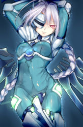 Rule 34 | 1girl, armor, arms up, blazblue, blush, bodysuit, braid, breasts, eyepatch, gloves, hime gyo, long hair, looking at viewer, medium breasts, nu-13, red eyes, solo, very long hair