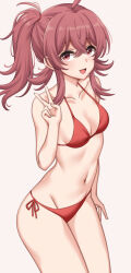 Rule 34 | 1girl, :d, absurdres, arm at side, bare arms, bikini, breasts, brown background, collarbone, crossed bangs, highres, idolmaster, idolmaster shiny colors, komiya kaho, landel, looking at viewer, medium hair, navel, open mouth, red bikini, red eyes, red hair, side-tie bikini bottom, side ponytail, sidelocks, simple background, small breasts, smile, solo, standing, swimsuit, v