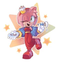 Rule 34 | 1girl, amy rose, angiethecat, animal ears, blue boa, cake, cake hair ornament, dress, feather boa, food, food-themed hair ornament, furry, furry female, gloves, gold bracelet, green eyes, hair ornament, hairband, highres, holding, holding plate, holding spoon, looking at viewer, official alternate costume, one eye closed, open mouth, plate, red dress, red footwear, red hairband, shoes, signature, sleeveless, sleeveless dress, solo, sonic (series), spoon, star (symbol), starry background, the murder of sonic the hedgehog, white background, white gloves