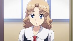 Rule 34 | blonde hair, blue eyes, bow, bowtie, dot nose, looking at viewer, medium hair, mitsuri mizushima, school uniform, tsugumomo, wavy hair