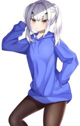 Rule 34 | 1girl, absurdres, blue sweater, breasts, brown eyes, brown pantyhose, drawstring, melusine (fate), fate/grand order, fate (series), forked eyebrows, highres, hood, hooded sweater, long hair, long sleeves, looking at viewer, pantyhose, sharen, sidelocks, simple background, small breasts, smile, solo, sweater, thighs, twintails, white background, white hair