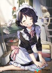 Rule 34 | 1girl, animal, apron, black hair, blush, braid, broom, bucket, cleaning, closed eyes, copyright name, food, fruit, indoors, ladder, maid, maid apron, maid headdress, mouse (animal), official art, parted lips, plant, potted plant, qurare magic library, rag, sitting, smile, solo, strawberry, wariza, watermark, whoisshe, window