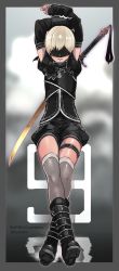Rule 34 | 1boy, arms up, black footwear, blindfold, boots, border, detached sleeves, full body, grey border, grey thighhighs, grin, highres, male focus, nier (series), nier:automata, short hair, short shorts, shorts, smile, solo, sword, tarakoutibiru, thigh strap, thighhighs, twitter username, weapon, weapon on back, white hair, 9s (nier:automata)