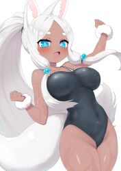 Rule 34 | 1girl, animal ear fluff, animal ears, arm up, black one-piece swimsuit, blue eyes, blue hairband, breasts, bright pupils, clenched hands, colored inner animal ears, commentary request, covered navel, cowboy shot, curtained hair, dark-skinned female, dark skin, dot nose, fang, fox ears, fox girl, fox tail, from below, hair bobbles, hair ornament, hairband, high ponytail, highres, inari-chan (ransusan), large breasts, light blush, long hair, looking at viewer, low-tied sidelocks, one-piece swimsuit, open mouth, original, ransusan, shoulder strap, simple background, smile, solo, swimsuit, tail, thick eyebrows, very long hair, wet, white background, white hair, white pupils, white tail, wristband