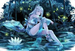 Rule 34 | 1girl, anklet, bamboo, blue dress, blue eyes, blue nails, breasts, bush, closed mouth, commentary, detached sleeves, dress, earrings, fingernails, fireflies, flower, full body, genshin impact, grey hair, hair ornament, high heels, highres, jewelry, kotosuzu, large breasts, lily pad, long hair, looking at viewer, lotus, nail polish, outdoors, resolution mismatch, shenhe (genshin impact), sidelocks, signature, single thighhigh, sitting, solo, source smaller, tassel, tassel earrings, thighhighs, toenail polish, toenails, very long hair, water, white flower, white thighhighs, wide sleeves