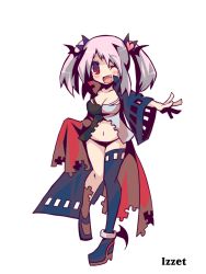 Rule 34 | 1girl, ;d, asymmetrical clothes, black panties, boots, breasts, character name, cleavage, coat, crop top, fang, hair ribbon, image sample, magic: the gathering, md5 mismatch, multicolored eyes, navel, one eye closed, open mouth, oshiruko (tsume), panties, personification, pink hair, pixiv sample, ribbon, sleeves past wrists, smile, solo, thigh boots, thighhighs, twintails, underwear, wink