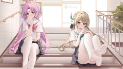 2girls absurdres alternate_costume annotated black_skirt blonde_hair blush bow-shaped_hair closed_mouth collarbone commentary commentary_request day feet foot_up forehead_jewel fu_xuan_(honkai:_star_rail) full_body green_eyes hair_ornament hair_stick hand_to_own_mouth highres honkai:_star_rail honkai_(series) icwine indoors long_hair looking_at_viewer low_twintails miniskirt multiple_girls no_shoes open_mouth paid_reward_available pantyhose pink_hair pleated_skirt qingque_(honkai:_star_rail) sailor_collar school_uniform serafuku shirt short_sleeves sitting sitting_on_stairs skirt soles stairs tassel tassel_hair_ornament thighband_pantyhose thighs toes twintails twitter_username white_pantyhose white_sailor_collar white_serafuku white_shirt