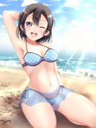 Rule 34 | 1girl, ;d, arm up, armpits, beach, bikini, black hair, blush, breasts, checkered bikini, checkered clothes, cleavage, cloud, cloudy sky, commentary request, day, female focus, highres, kamesys, looking at viewer, love live!, love live! sunshine!!, love live! sunshine!! the school idol movie over the rainbow, medium breasts, nature, on ground, one eye closed, open mouth, outdoors, purple eyes, sand, see-through, seiza, short hair, side-tie bikini bottom, sitting, sky, smile, solo, swimsuit, thighs, watanabe tsuki, water, wink