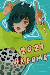 1girl 2021 animal_print aqua_background arms_up black_hair chainsaw_man cow_print cropped_jacket earrings eyepatch horns_pose fuyukonbu green_sweater highres himeno_(chainsaw_man) horns jewelry long_sleeves looking_at_viewer open_mouth outline short_hair simple_background small_horns solo sweater white_horns