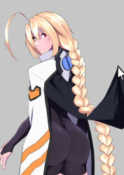 Rule 34 | 1girl, absurdres, ahoge, arc system works, ass, ass focus, blazblue, blonde hair, braid, bridal gauntlets, cape, cape lift, embarrassed, from behind, highres, inoue cub, long hair, looking at viewer, looking back, cursor, red eyes, single braid, solo, very long hair
