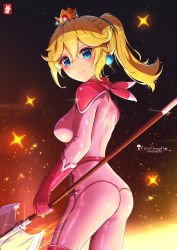 Rule 34 | 1girl, ass, blonde hair, blue eyes, bodysuit, breasts, chinchongcha, earrings, from behind, highres, holding, holding polearm, holding weapon, jewelry, looking at viewer, looking back, mario (series), medium breasts, nintendo, pink bodysuit, polearm, ponytail, princess peach, smile, solo, sphere earrings, the super mario bros. movie, watermark, weapon