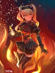 Rule 34 | absurdres, alternate costume, alternate hairstyle, arpeggio kaga, black gloves, black thighhighs, blonde hair, bow, breasts, closed mouth, dark-skinned female, dark skin, elbow gloves, elf, fire, gloves, hair between eyes, hair bow, hair ornament, highres, holding flame, hololive, long hair, looking at viewer, medium breasts, miniskirt, pointy ears, puffy shorts, shiranui flare, shorts, signature, skirt, smile, solo, thighhighs, twintails, virtual youtuber, yellow eyes