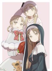 Rule 34 | braid, breasts, brown eyes, capelet, dress, habit, hat, highres, jewelry, light brown hair, long hair, medium breasts, mittens, multiple persona, necklace, nijisanji, nun, sidelocks, sister claire, sister claire (1st costume), sister claire (4th costume), sister claire (5th costume), smile, traditional nun, virtual youtuber, white capelet, white dress, white headwear, yoshida on