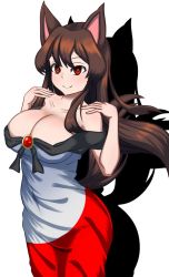 Rule 34 | 1girl, animal ears, bad id, bad twitter id, breasts, brooch, brown hair, cleavage, closed mouth, collarbone, covered navel, dress, highres, imaizumi kagerou, jewelry, large breasts, long hair, long sleeves, off-shoulder dress, off shoulder, red eyes, simple background, smile, tail, touhou, white background, white dress, wolf ears, wolf tail, zawapirori
