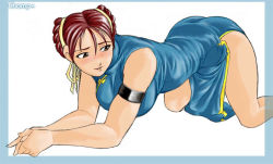 Rule 34 | 1girl, all fours, alternate costume, armlet, ass, blush, breasts, brown hair, capcom, champ+, china dress, chinese clothes, chun-li, double bun, dress, hair bun, hair ribbon, huge ass, large breasts, pelvic curtain, ribbon, short hair, side slit, simple background, solo, street fighter, translucent border, white background