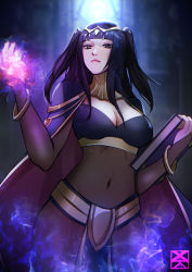 Rule 34 | 1girl, absurdres, aura, black hair, blurry, blurry background, bodystocking, book, bracelet, breasts, bridal gauntlets, cape, cleavage, covered navel, energy, fire emblem, fire emblem awakening, glowing, glowing hand, highres, jewelry, looking at viewer, magic, nail polish, nintendo, pelvic curtain, solo, standing, tharja (fire emblem), tiara, xuuikie ashe