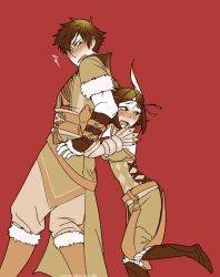 Rule 34 | 1boy, 1girl, blush, brown hair, father and daughter, fire emblem, fire emblem awakening, hetero, hug, hug from behind, lon&#039;qu (fire emblem), narpoodles, nintendo, noire (fire emblem), open mouth, puffy sleeves, red background, simple background