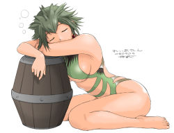 Rule 34 | 1girl, barefoot, barrel, breasts, capcom, casual one-piece swimsuit, closed eyes, feet, green hair, large breasts, monster hunter (series), one-piece swimsuit, personification, rathian, ryoh zoh, ryouzou, short hair, sideboob, simple background, sitting, sleeping, solo, swimsuit, translation request