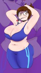 Rule 34 | 1girl, armpits, arms behind head, arms up, breasts, brown eyes, brown hair, bursting breasts, cleavage, glasses, highres, large breasts, mei (overwatch), navel, overwatch, overwatch 1, parted lips, plump, solo, tagme, thick thighs, thighs