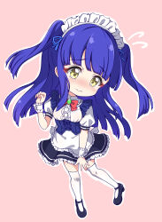 Rule 34 | 1girl, absurdres, alternate costume, blue hair, blush, breasts, closed mouth, embarrassed, enmaided, full body, highres, jashin-chan dropkick, long hair, maid, maid headdress, pink background, ran-ran, simple background, small breasts, solo, thighhighs, white thighhighs, wrist cuffs, ydayluca, yellow eyes