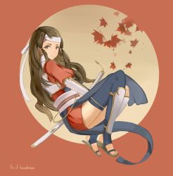 Rule 34 | 1girl, akuria, bad id, bad pixiv id, brown background, brown eyes, brown hair, character name, copyright name, fire emblem, fire emblem fates, hana (fire emblem), headband, highres, japanese clothes, katana, leaf, long hair, nintendo, sandals, simple background, solo, sword, thighhighs, toeless legwear, toes, wavy hair, weapon