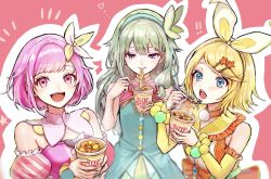 Rule 34 | !, !!, 3girls, bare arms, bare shoulders, blonde hair, blue dress, blue eyes, blue hairband, bow, bowtie, choker, closed mouth, commentary request, detached sleeves, dress, eating, food, food in mouth, fork, green hair, hair bow, hair ornament, hairband, hairclip, holding, holding fork, kagamine rin, kusanagi nene, long hair, looking at viewer, multiple girls, nissin cup noodle, noodles, ootori emu, orange choker, pink background, pink bow, pink bowtie, pink eyes, pink hair, pipi, project sekai, purple eyes, short hair, sleeveless, sleeveless dress, smile, star (symbol), star hair ornament, upper body, vocaloid, wonderlands x showtime rin, yellow bow, yellow sleeves