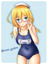 Rule 34 | 1girl, :o, adjusting eyewear, ahoge, arm behind back, blonde hair, blue background, blue eyes, border, breasts, collarbone, covered navel, cowboy shot, glasses, gluteal fold, hat, highres, i-8 (kancolle), kantai collection, large breasts, looking at viewer, low twintails, name tag, old school swimsuit, one-piece swimsuit, open mouth, peaked cap, red-framed eyewear, sailor hat, school swimsuit, semi-rimless eyewear, solo, swimsuit, swimsuit under clothes, thighhighs, twintails, twitter username, under-rim eyewear, white border, white thighhighs, yuusen (aenka)