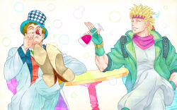 Rule 34 | 2boys, alcohol, bad id, bad pixiv id, blonde hair, bow, bowtie, brown hair, bubble, caesar anthonio zeppeli, cup, drinking glass, facial hair, facial mark, feather hair ornament, feathers, fingerless gloves, formal, gloves, grandfather and grandson, green jacket, hair ornament, hat, headband, jacket, jojo no kimyou na bouken, lammydks, male focus, multiple boys, mustache, suit, time paradox, top hat, uchiyama lammy, vest, will anthonio zeppeli, wine, wine glass