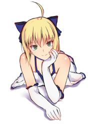 Rule 34 | arm support, artoria pendragon (all), artoria pendragon (fate), bare shoulders, dyxm, elbow gloves, fate/stay night, fate (series), gloves, green eyes, hand on own chin, looking at viewer, lying, on stomach, saber (fate), saber (pure night dress) (fate), saber lily, sketch, smile, solo, white background