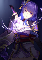 Rule 34 | 1girl, absurdres, armor, braid, breasts, bridal gauntlets, cleavage, commentary request, electricity, flower, genshin impact, hair ornament, highres, holding, holding sword, holding weapon, human scabbard, japanese clothes, kimono, large breasts, long hair, long sleeves, looking at viewer, mole, mole under eye, open mouth, purple eyes, purple flower, purple hair, raiden shogun, ribbon, sash, shoulder armor, simple background, solo, sword, tassel, weapon, wide sleeves, ying miao