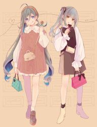 Rule 34 | 2girls, :q, ahoge, alternate costume, bag, blue eyes, blue hair, boots, brown background, brown skirt, colis, dress, food, frills, grey hair, hair between eyes, hair ribbon, hairband, high heel boots, high heels, holding, holding bag, holding food, kantai collection, kasumi (kancolle), kiyoshimo (kancolle), long hair, long sleeves, low twintails, multicolored hair, multiple girls, open mouth, ponytail, ribbon, shirt, side ponytail, simple background, skirt, tongue, tongue out, twintails, twitter username, two-tone hair, yellow eyes