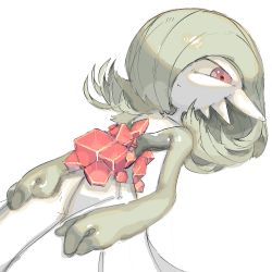 Rule 34 | 1girl, bob cut, closed mouth, collarbone, colored skin, cowboy shot, creatures (company), crystal, female focus, flat chest, game freak, gardevoir, gen 3 pokemon, green hair, green skin, hair over one eye, half-closed eyes, looking to the side, lowres, lying, multicolored skin, nintendo, on back, one eye covered, oyama yoihaya, pokemon, pokemon (creature), red eyes, shiny skin, short hair, sideways mouth, simple background, solo, two-tone skin, white background, white skin